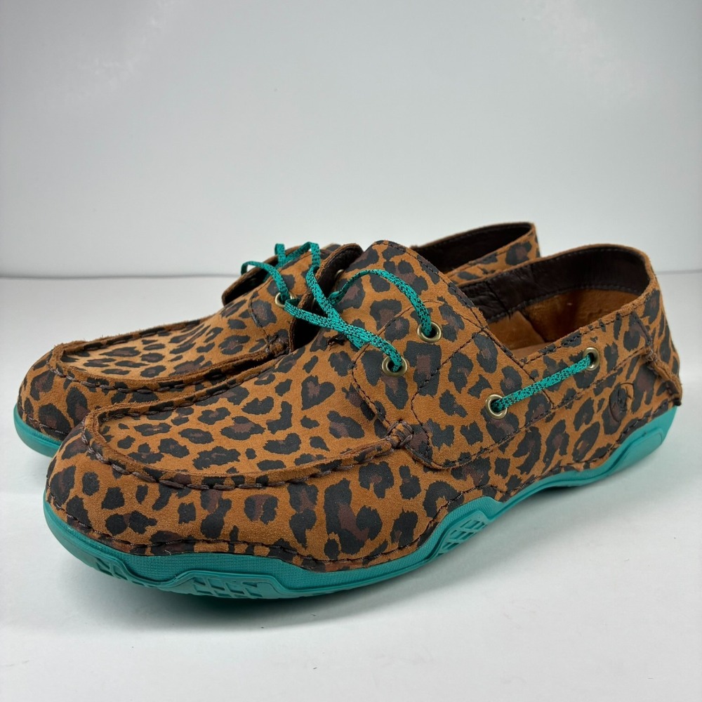 Ariat Caldwell Women's US 10B Tan Leopard Teal Suede Loafers Boat Shoes 10018580